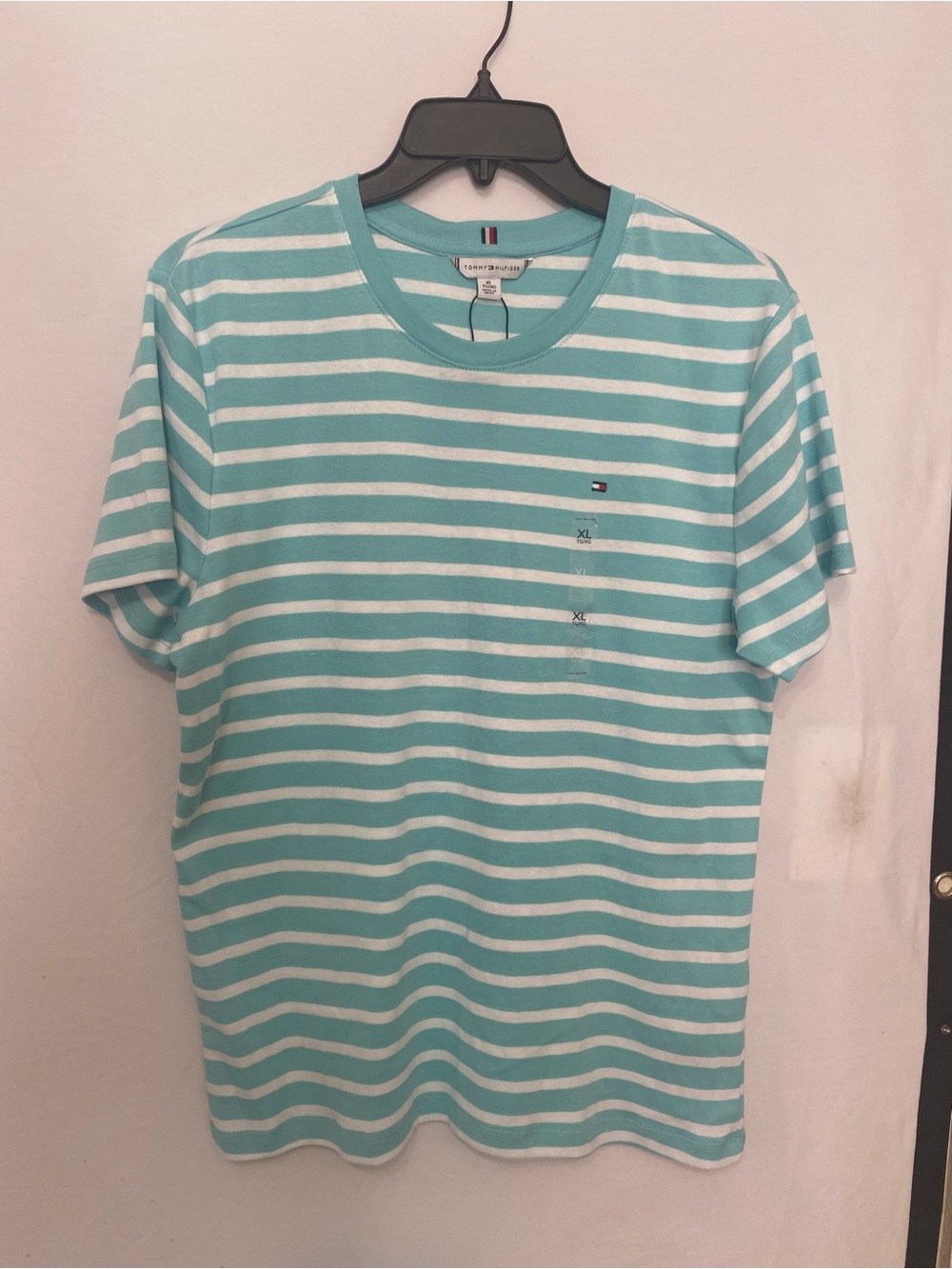 Tommy Hilfiger Aqua (Teal) and White Striped Crewneck Tee